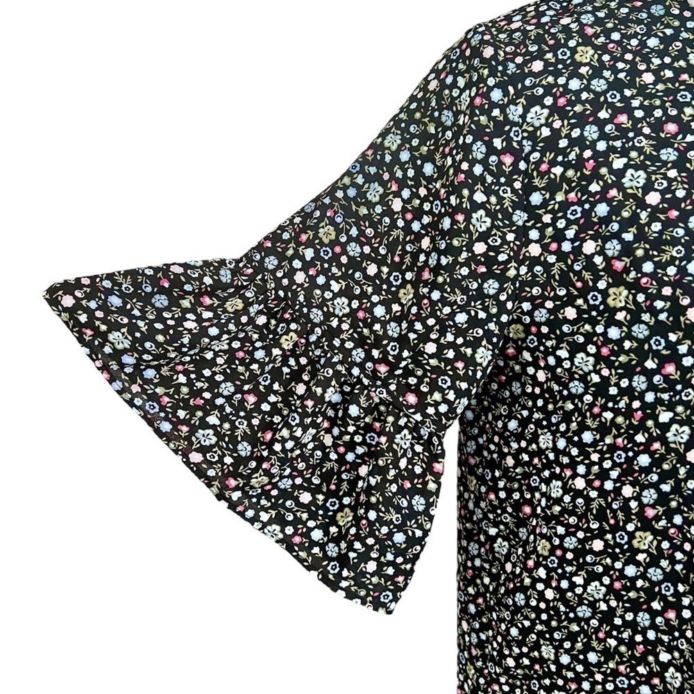 LOFT Black Floral Top with Bell Short Sleeves Size S LIKE NEW